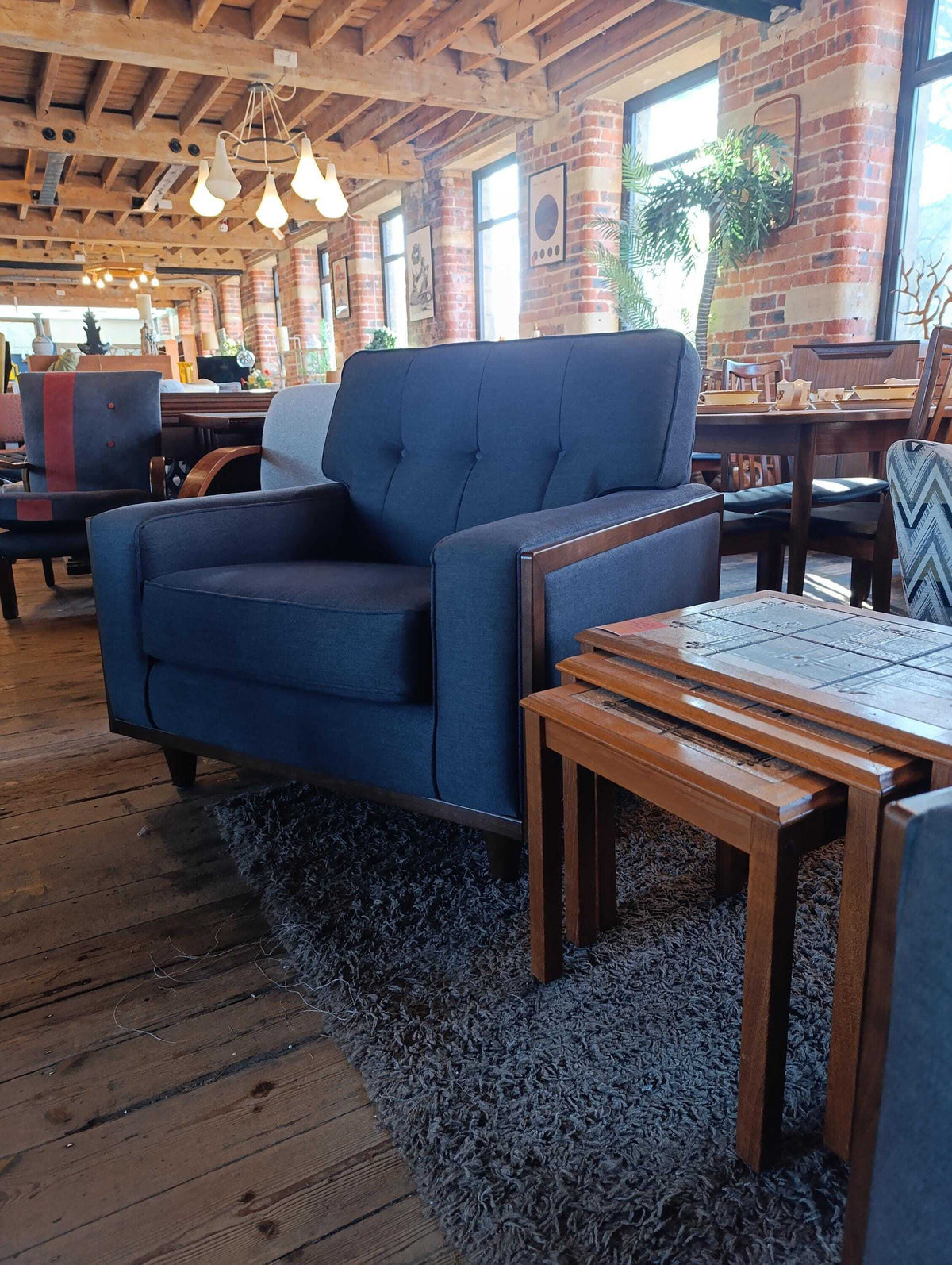 G Plan Vintage Agatha Armchair in Blue Fabric and Walnut — photograph 9