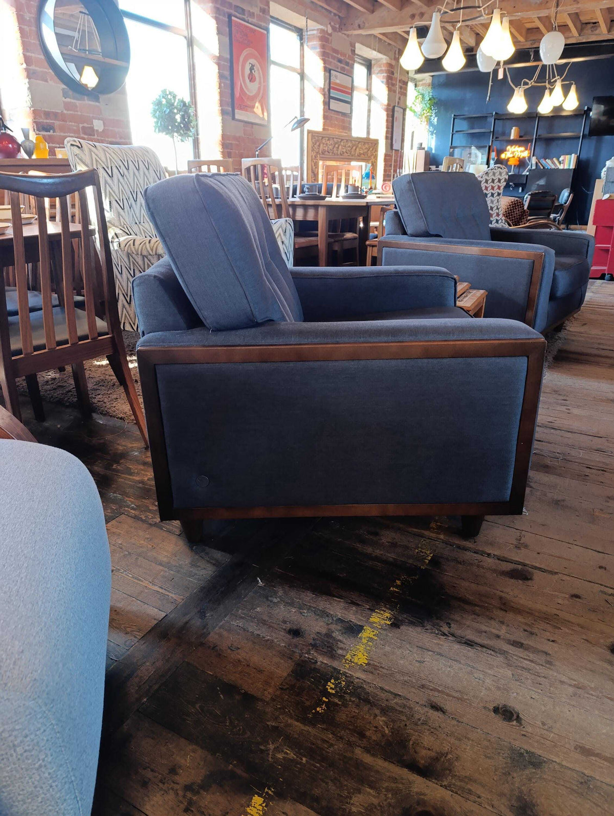 G Plan Vintage Agatha Armchair in Blue Fabric and Walnut — photograph 5