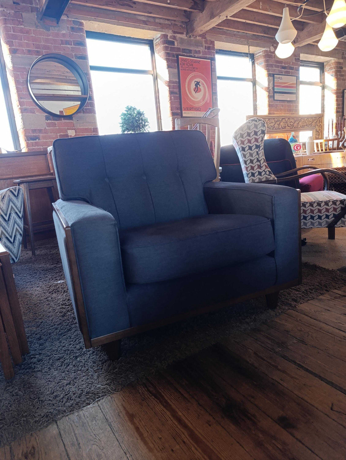 G Plan Vintage Agatha Armchair in Blue Fabric and Walnut — photograph 7