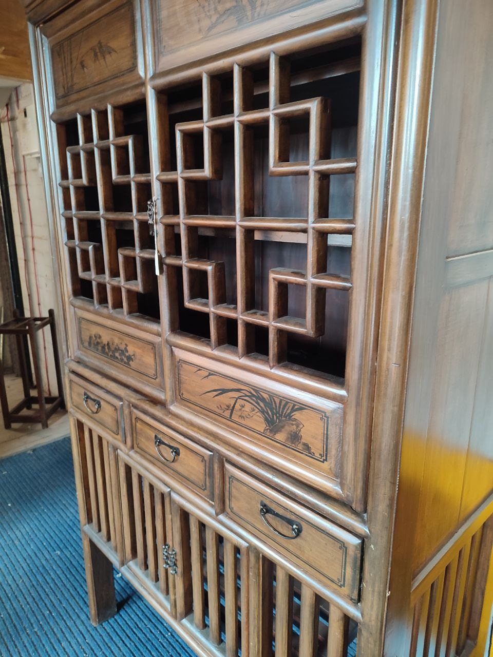 Vintage Qing Dynasty Style Elmwood Cabinet With Fretwork And Floral Motifs