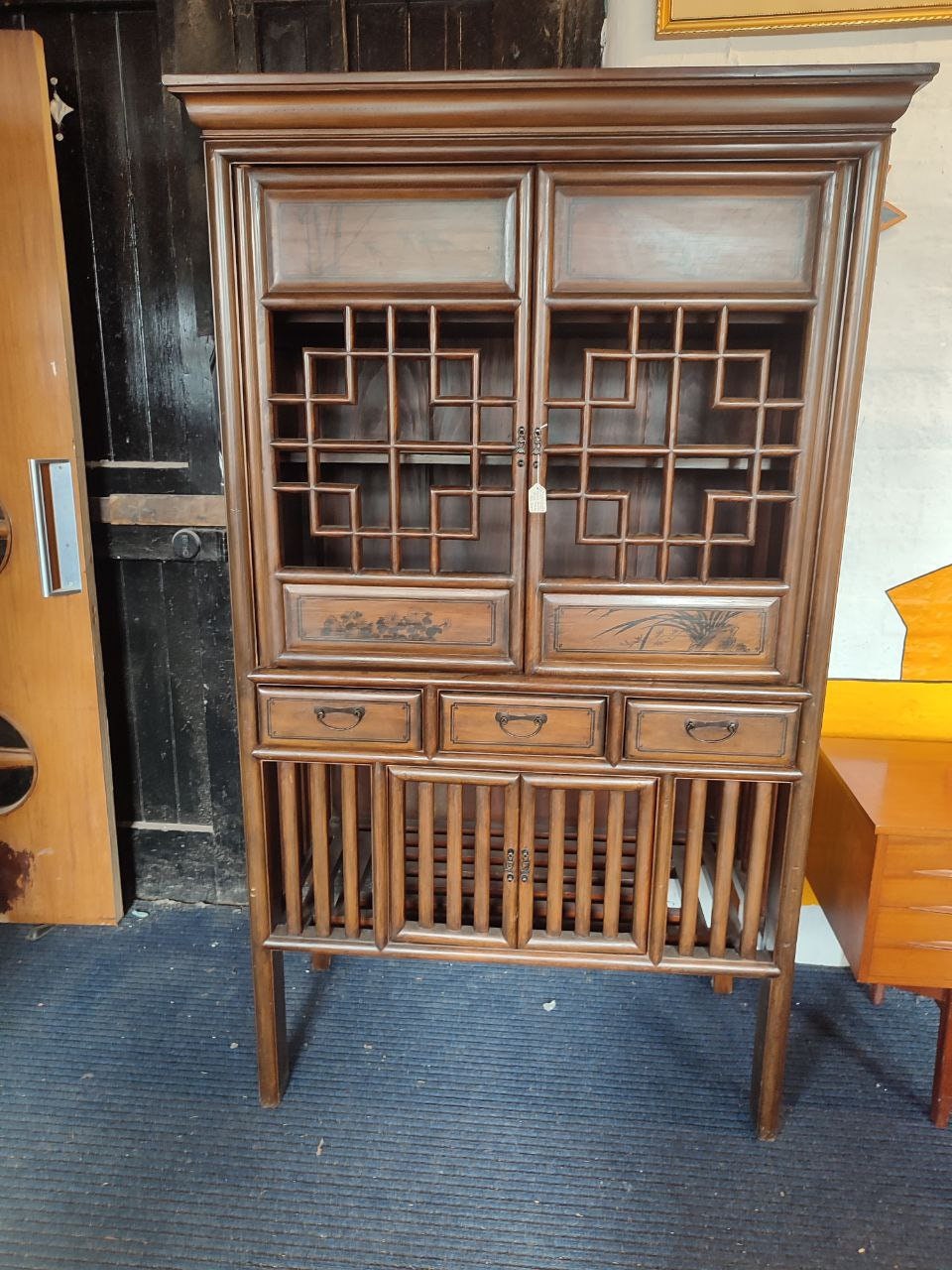 Vintage Qing Dynasty Style Elmwood Cabinet With Fretwork And Floral Motifs