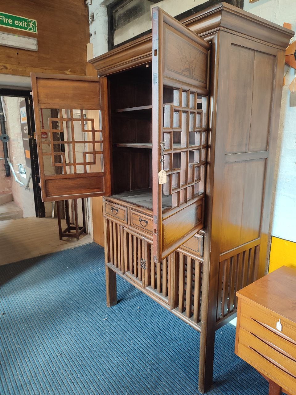 Vintage Qing Dynasty Style Elmwood Cabinet With Fretwork And Floral Motifs