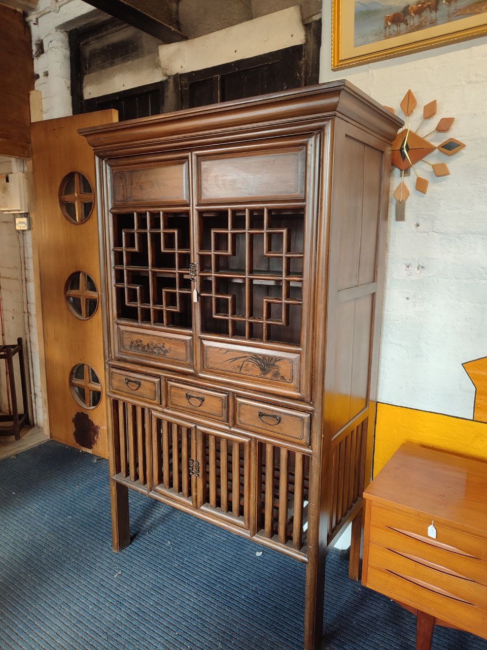 Vintage Qing Dynasty Style Elmwood Cabinet With Fretwork And Floral Motifs