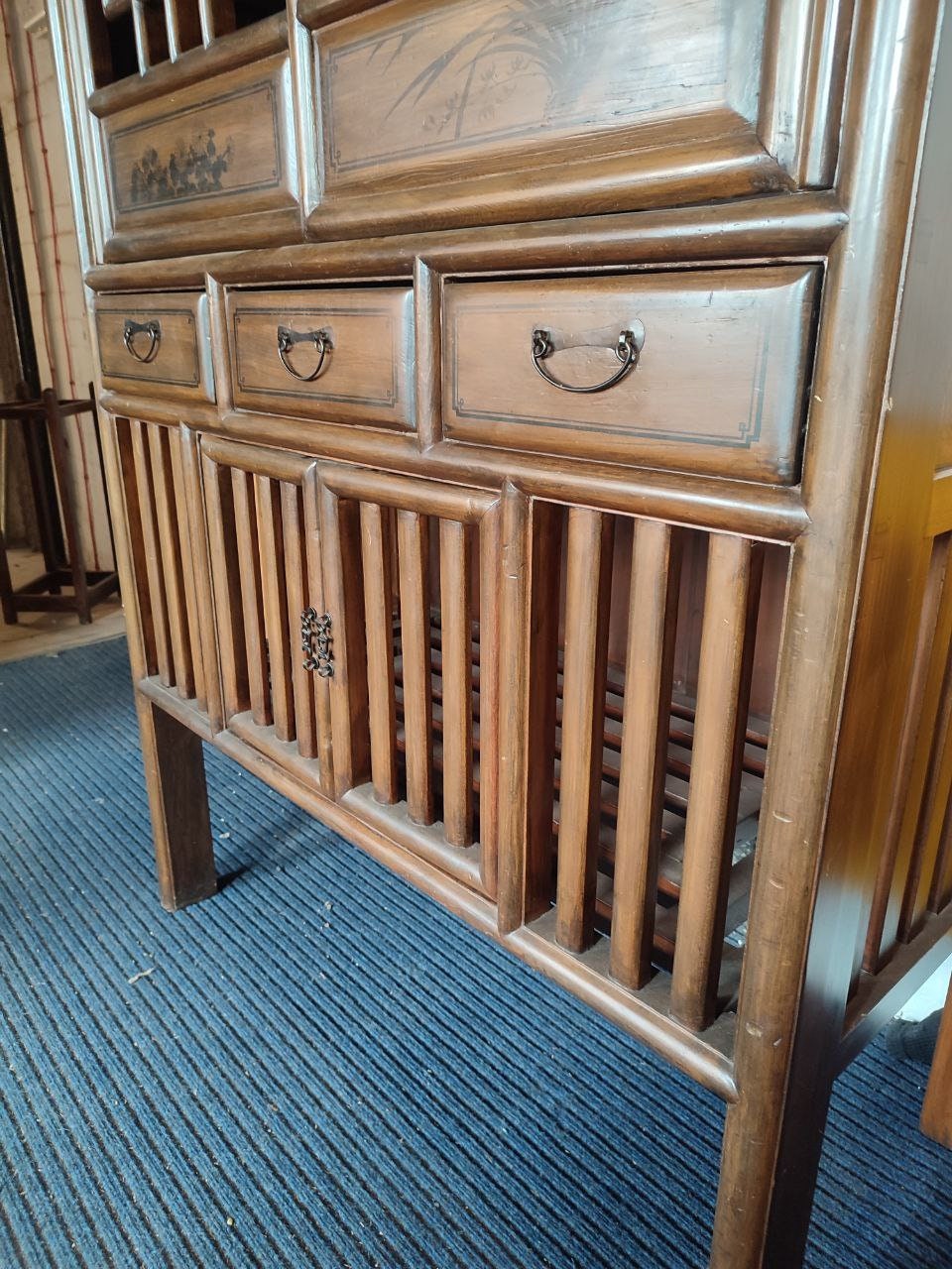 Vintage Qing Dynasty Style Elmwood Cabinet With Fretwork And Floral Motifs