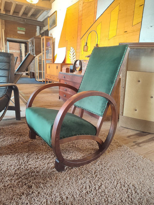 Art Deco Rocking Chair by Heals of London | Fully Restored | Dark Forest Green Velvet Upholstery