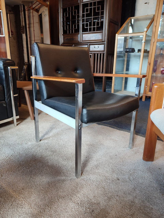 Pair of 1960s Industrial Armchairs - Teak Arms, Chrome Frame, Vinyl Upholstery - Excellent Condition