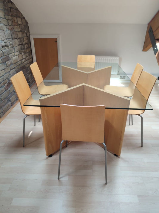 Unique Bespoke Mid-Century Modern Danish Design Glass-Top Dining Table with Bentwood Beechwood Chairs - Seats 6-8