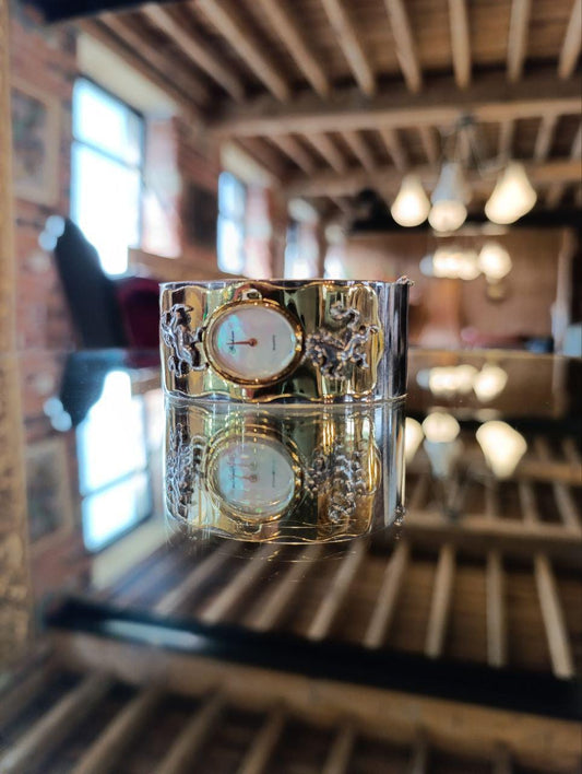 Rare Gorham Quartz Watch with Unicorn Bangle Bracelet, Pearl Dial with Gold and Silver Plated Bangle