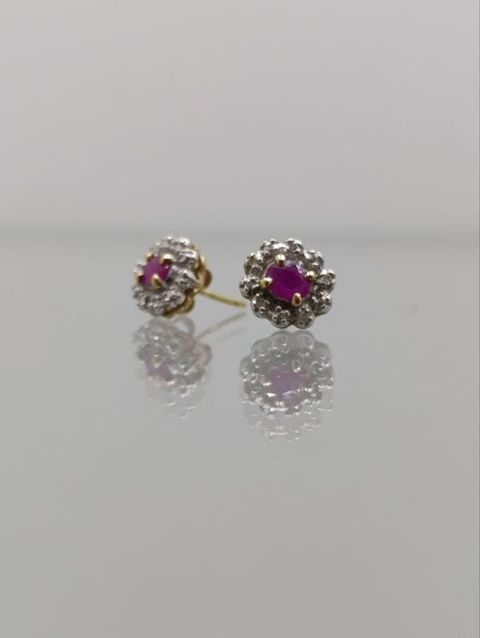 Vintage 9ct Gold Ruby & Diamond Cluster Earrings