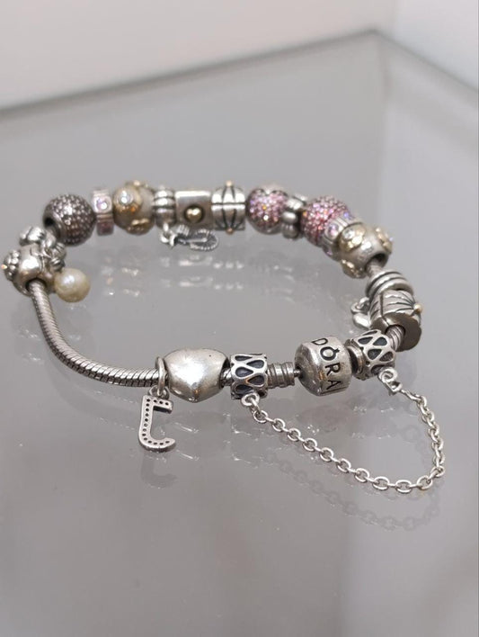 Pandora Silver Bracelet with 17 Charms - Amethyst and Cubic Zirconia, 7.5 Inches, 925 Silver
