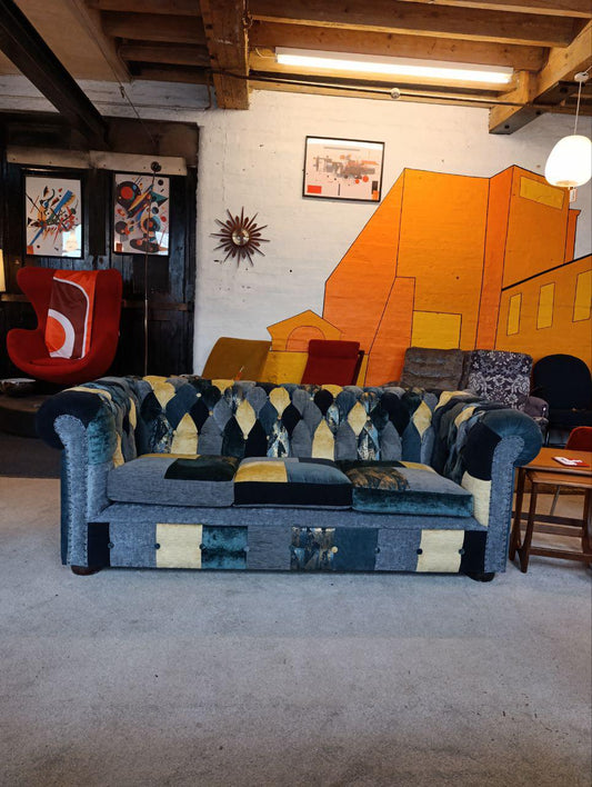 1980s Vintage Chesterfield Sofa - Patchwork Upholstery, Studded Detailing, Buttoned Back