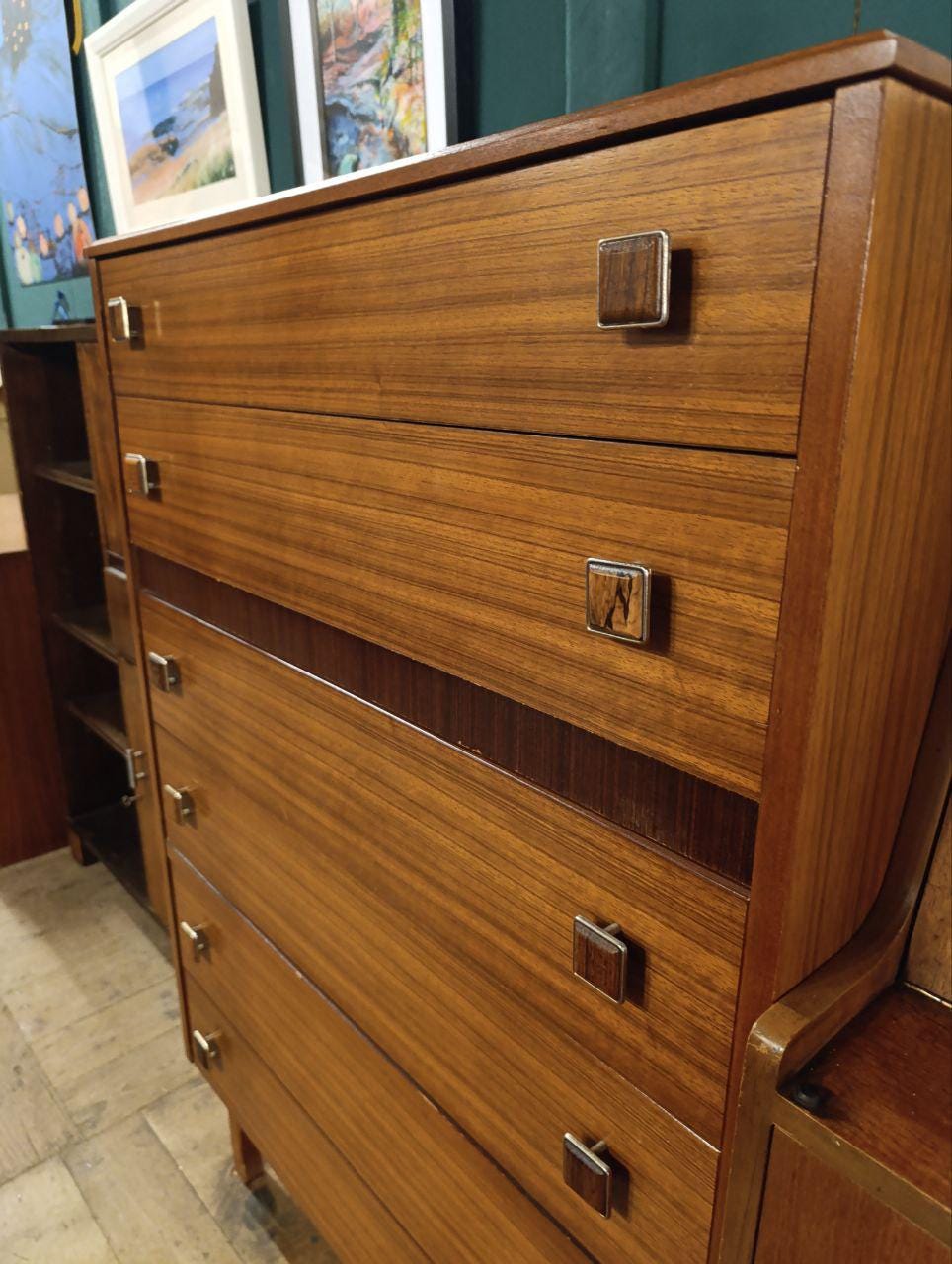 Mid Century Teak and Rosewood Tallboy Chest of Drawers - 1960s