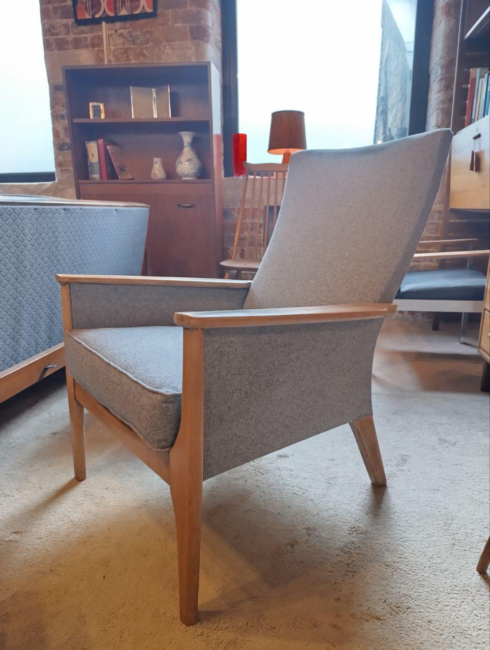 Rare Parker Knoll High Back Armchair with Grey Fabric (NEW Upholstery)
