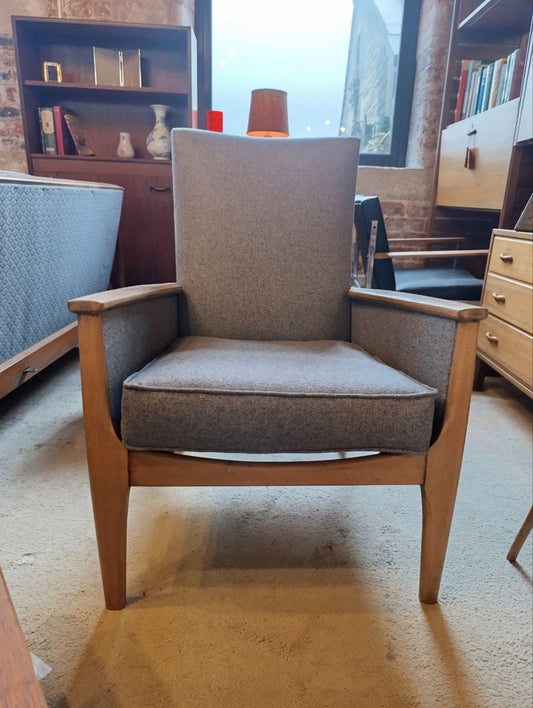 Rare Parker Knoll High Back Armchair with Grey Fabric (NEW Upholstery)