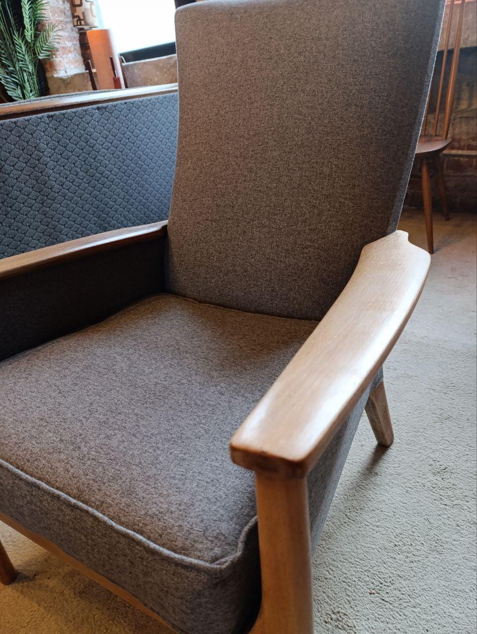 Rare Parker Knoll High Back Armchair with Grey Fabric (NEW Upholstery)
