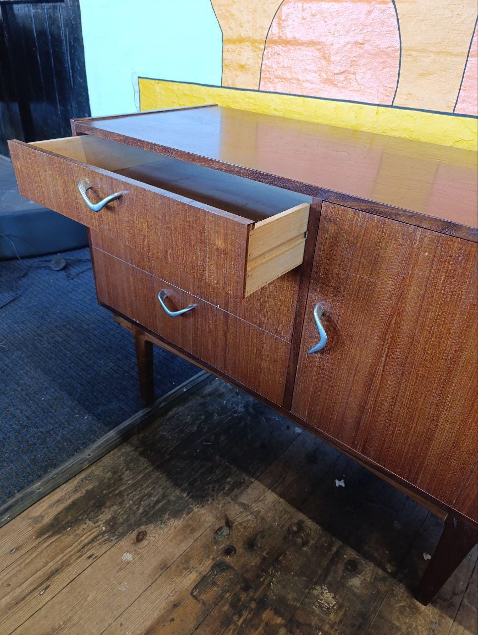 Vintage Mid-Century Teak Sideboard with Unique Drop Handles