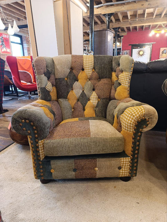 Newly Upholstered Vintage Chesterfield Armchair in Harlequin Style Patchwork