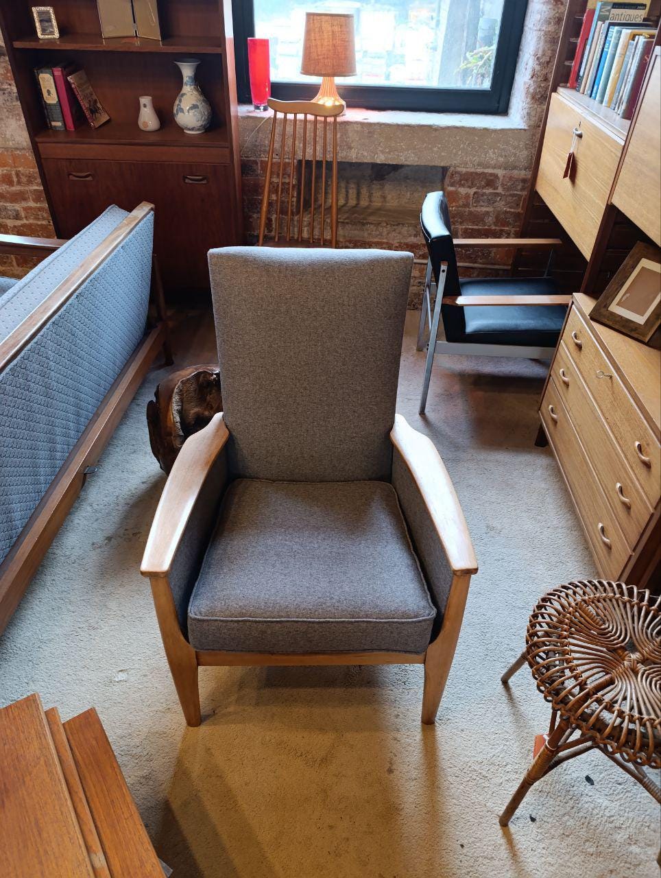 Rare Parker Knoll High Back Armchair with Grey Fabric (NEW Upholstery)