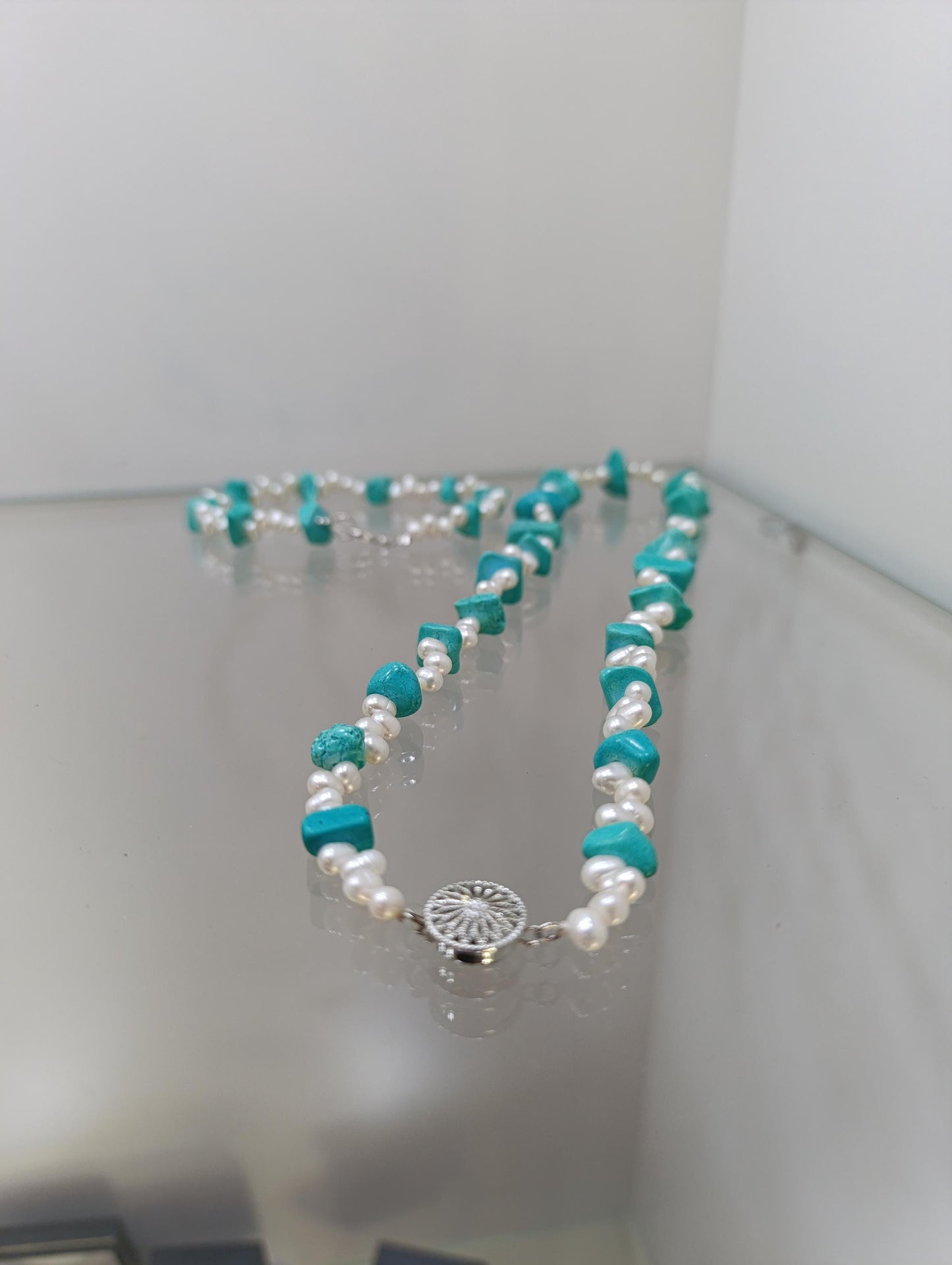 Turquoise and Pearl Necklace & Bracelet Set
