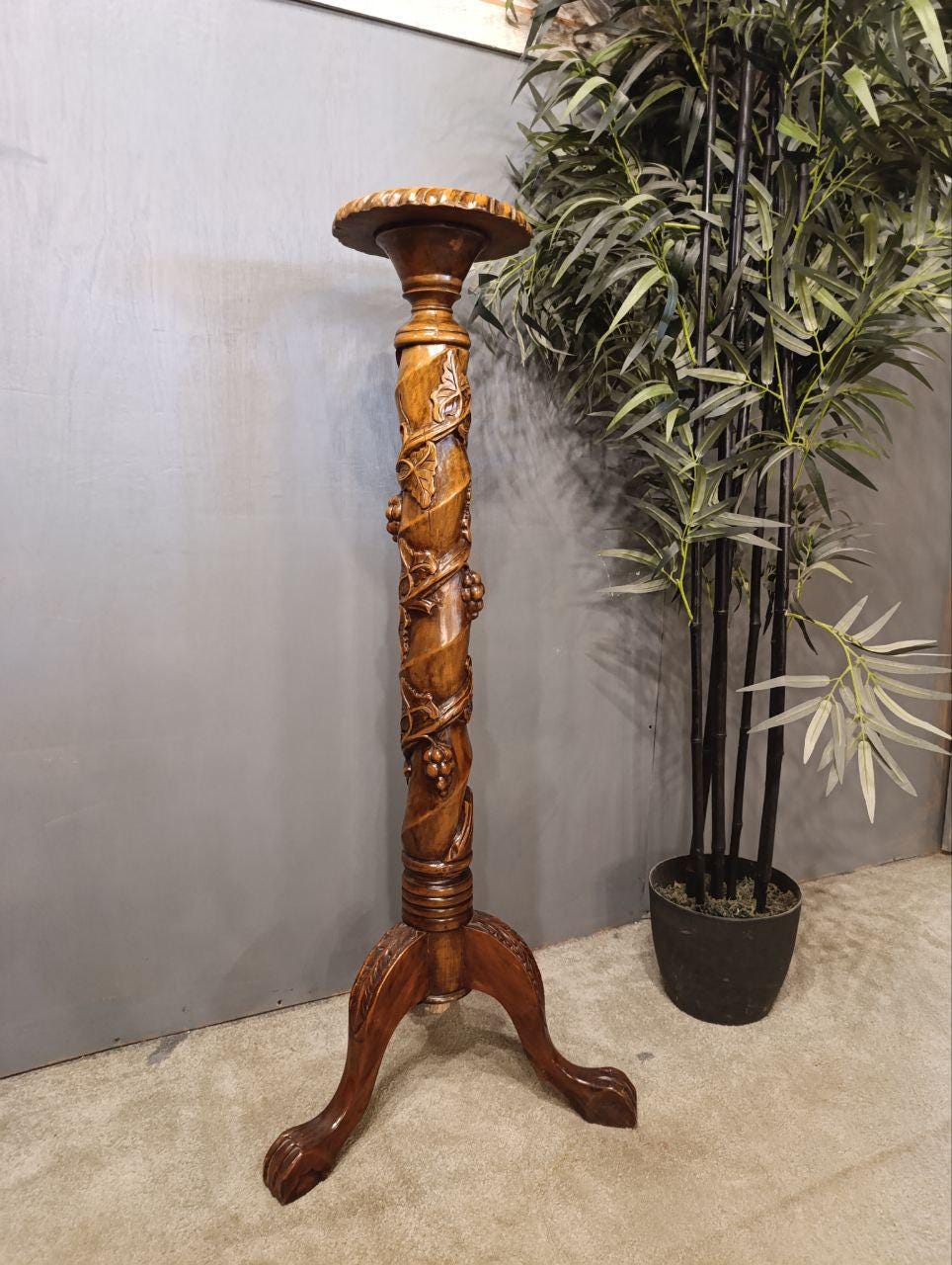Vintage Hand-Carved Fruitwood Vine Display Stand - Claw & Ball Feet