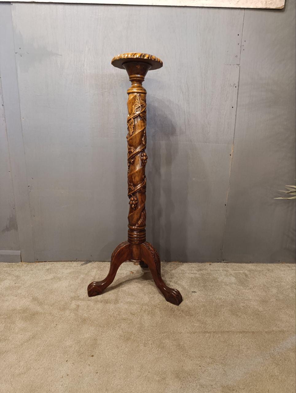 Vintage Hand-Carved Fruitwood Vine Display Stand - Claw & Ball Feet