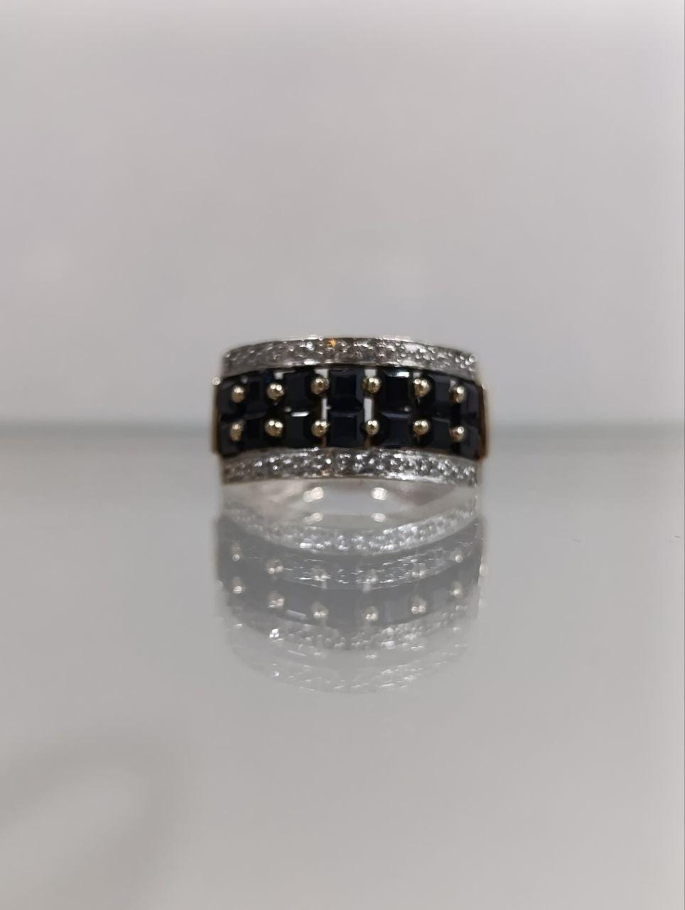Bold 9ct Yellow Gold Black Sapphire Ring - Marcasite Effect Detailing - Early 2000s