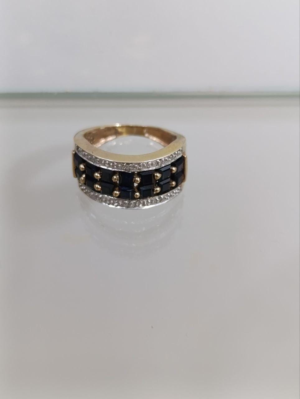 Bold 9ct Yellow Gold Black Sapphire Ring - Marcasite Effect Detailing - Early 2000s