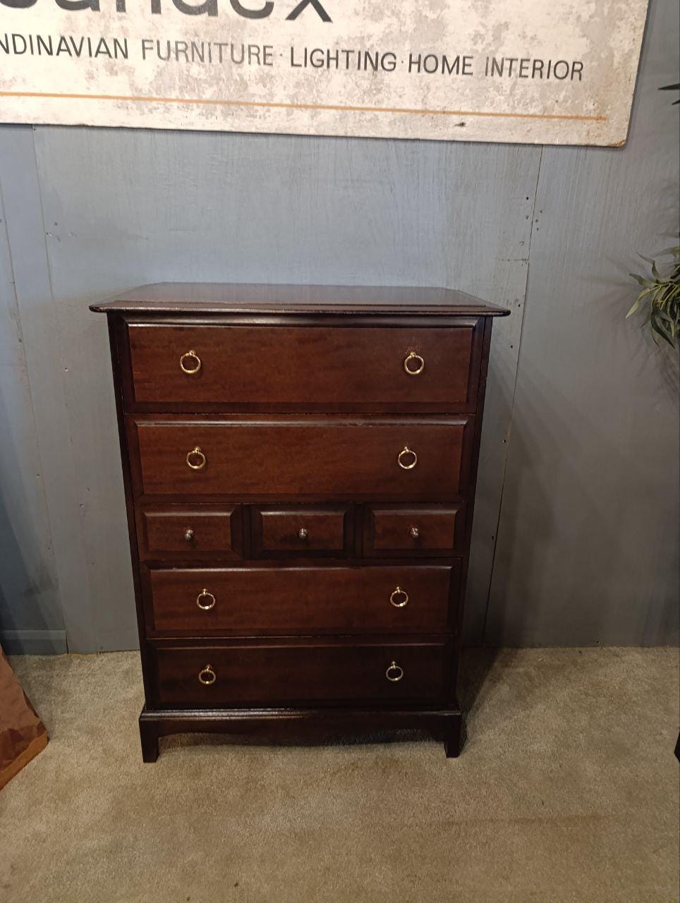 Vintage STAG Minstrel Tallboy Chest of Drawers - Mahogany & Brass