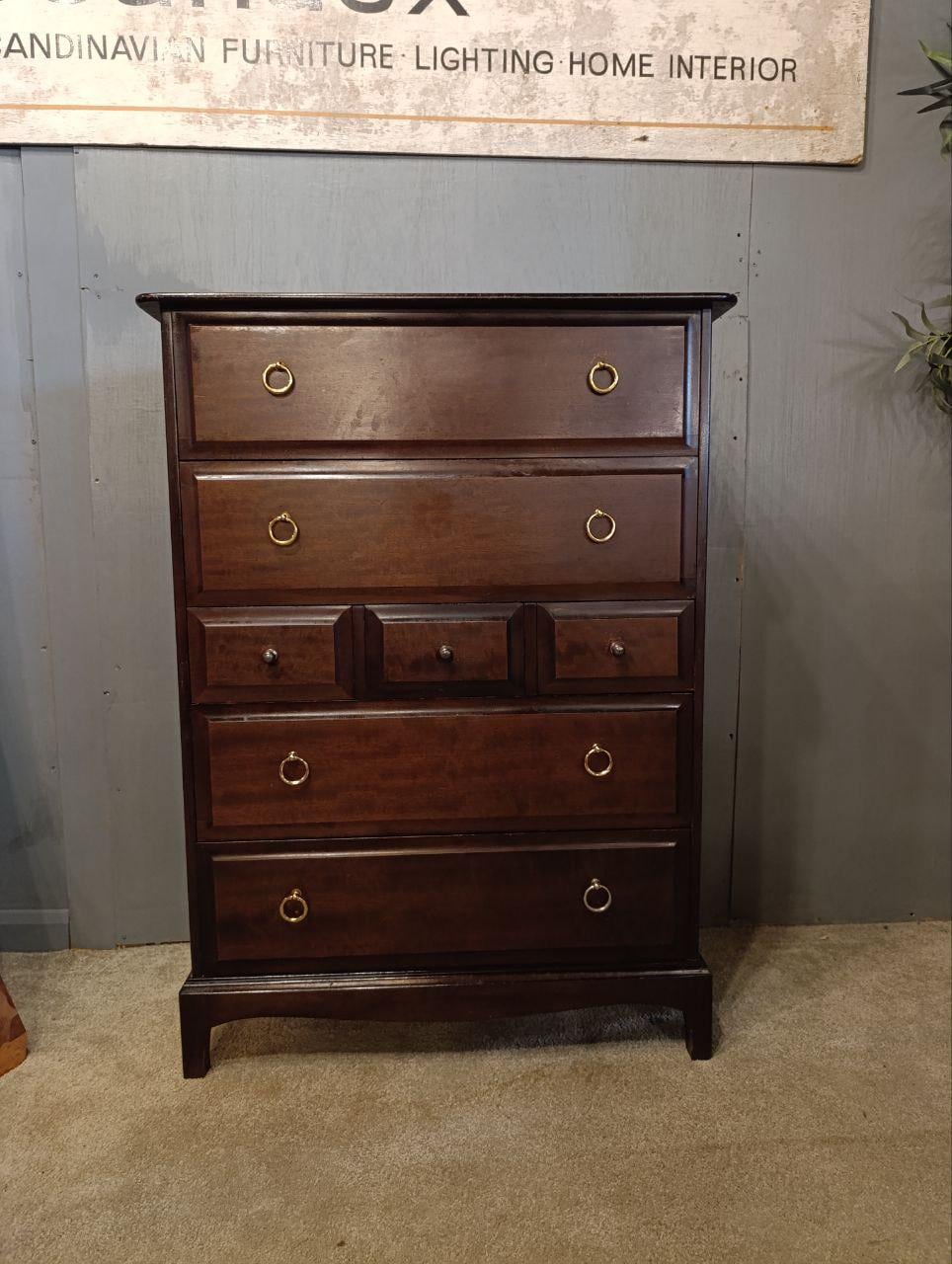 Vintage STAG Minstrel Tallboy Chest of Drawers - Mahogany & Brass