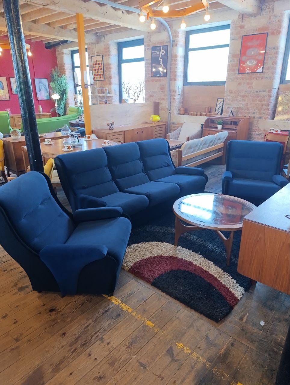 Vintage 1970s Mid-Century Three-Piece Suite - Ocean Blue & Black Velvet - Newly Upholstered