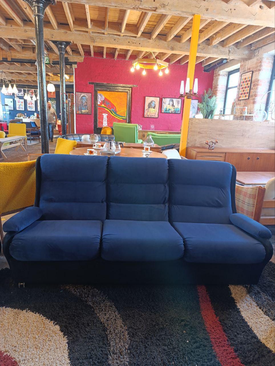 Vintage 1970s Mid-Century Three-Piece Suite - Ocean Blue & Black Velvet - Newly Upholstered