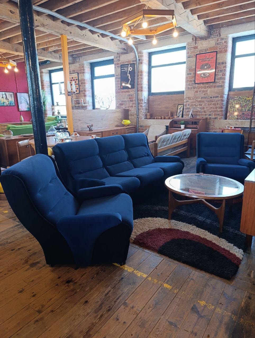 Vintage 1970s Mid-Century Three-Piece Suite - Ocean Blue & Black Velvet - Newly Upholstered