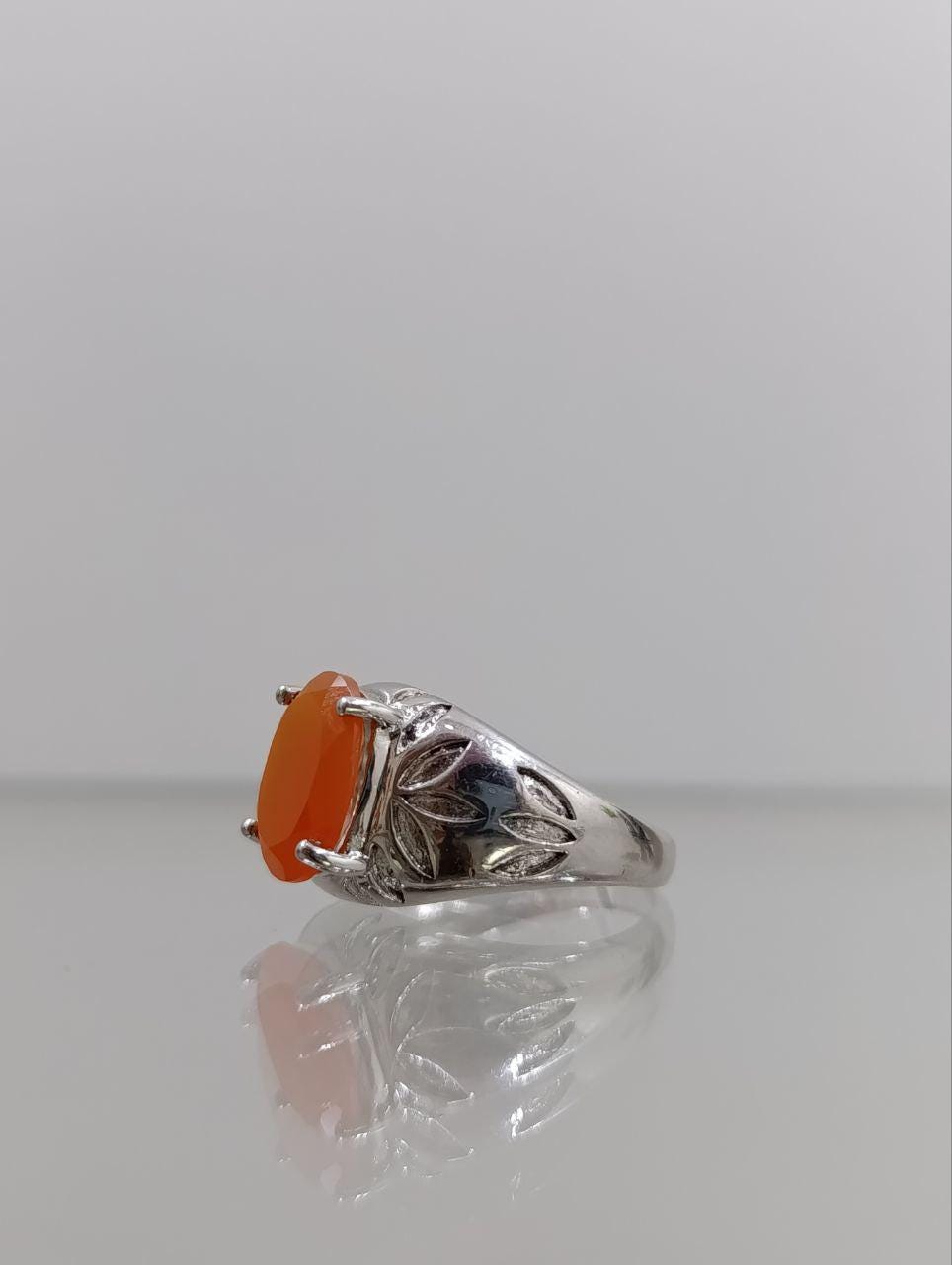 Unisex Sterling Silver Ring - Amber Coloured Stone with Floral Shoulders