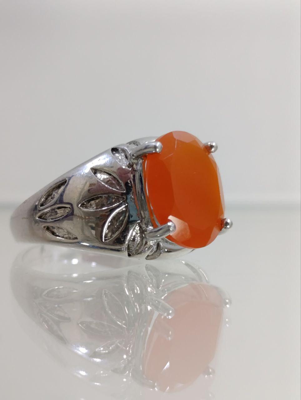 Unisex Sterling Silver Ring - Amber Coloured Stone with Floral Shoulders