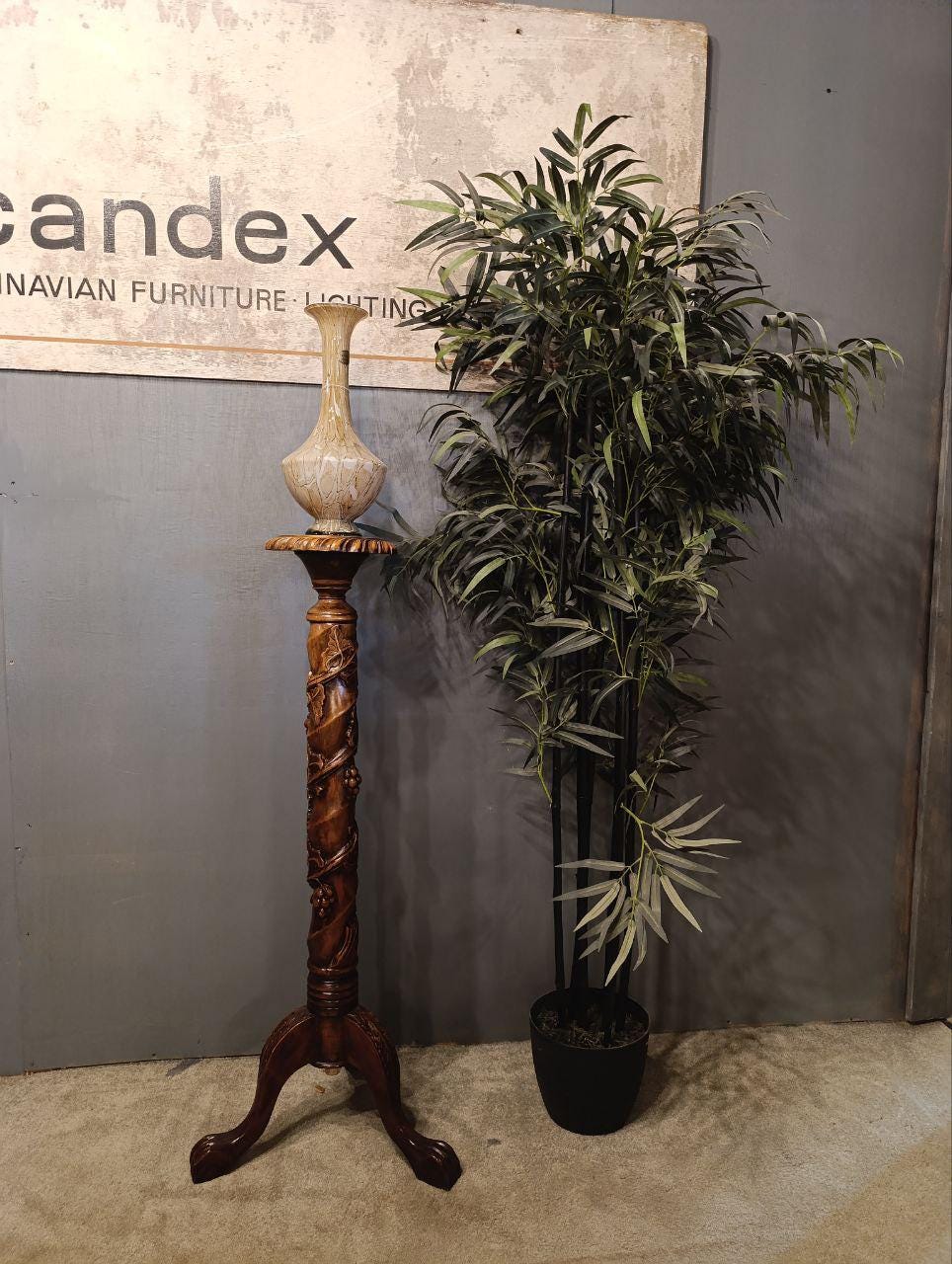 Vintage Hand-Carved Fruitwood Vine Display Stand - Claw & Ball Feet