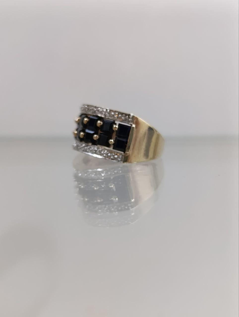 Bold 9ct Yellow Gold Black Sapphire Ring - Marcasite Effect Detailing - Early 2000s