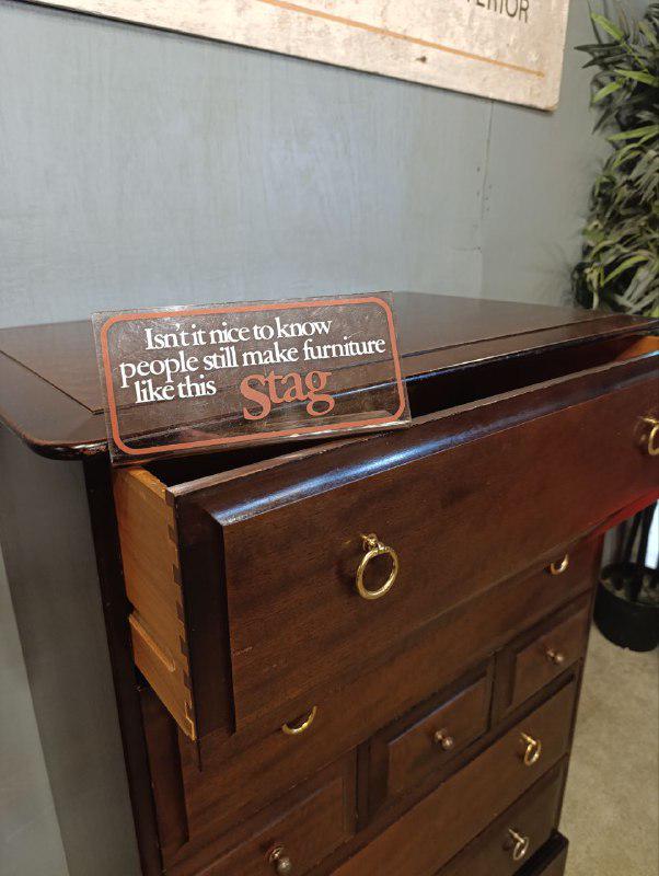 Vintage STAG Minstrel Tallboy Chest of Drawers - Mahogany & Brass