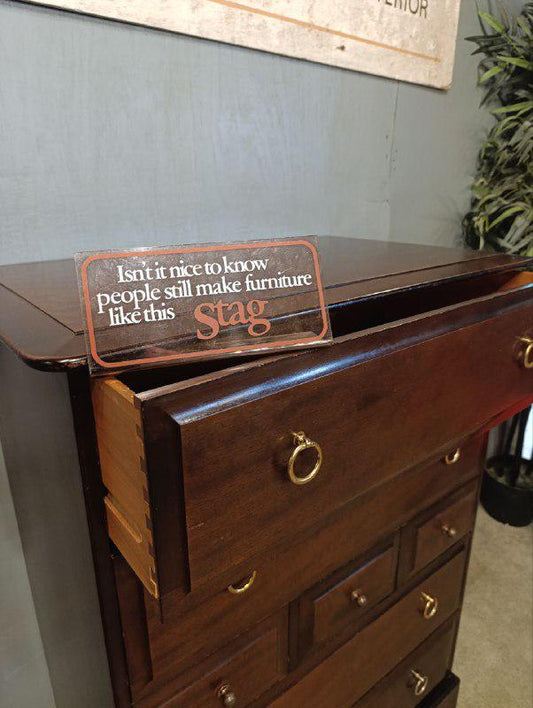 Vintage STAG Minstrel Tallboy Chest of Drawers - Mahogany & Brass