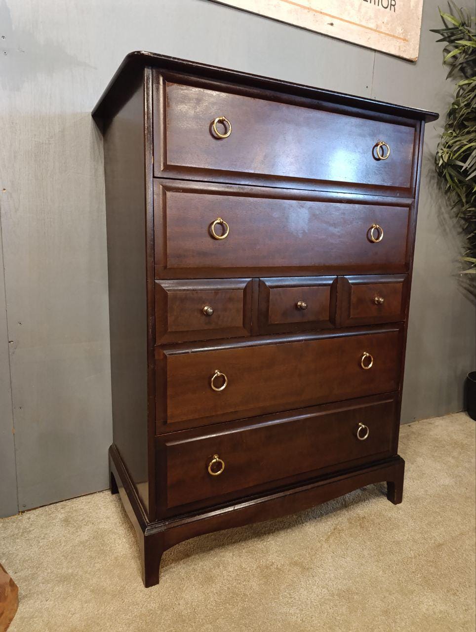 Vintage STAG Minstrel Tallboy Chest of Drawers - Mahogany & Brass
