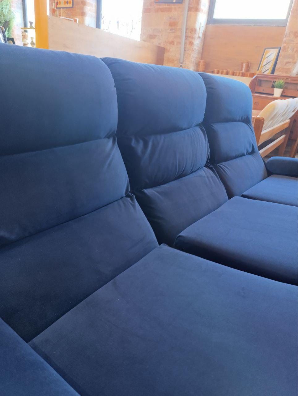 Vintage 1970s Mid-Century Three-Piece Suite - Ocean Blue & Black Velvet - Newly Upholstered