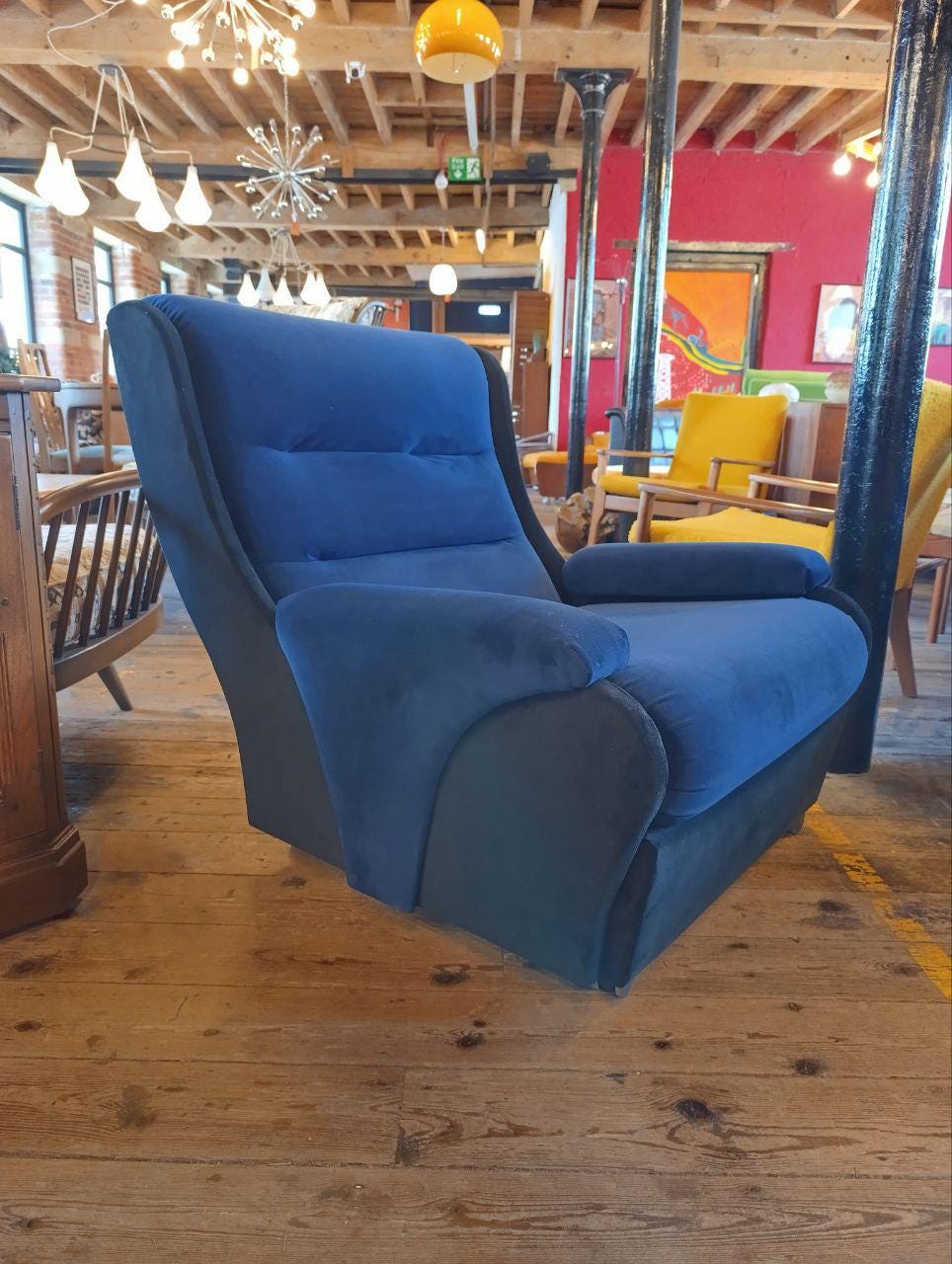 Vintage 1970s Mid-Century Three-Piece Suite - Ocean Blue & Black Velvet - Newly Upholstered