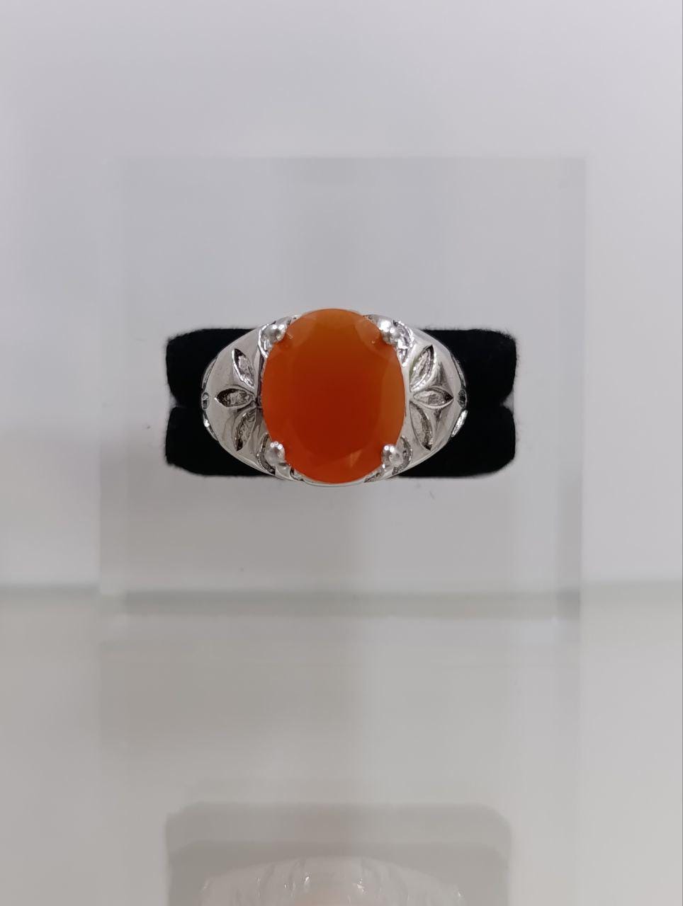 Unisex Sterling Silver Ring - Amber Coloured Stone with Floral Shoulders