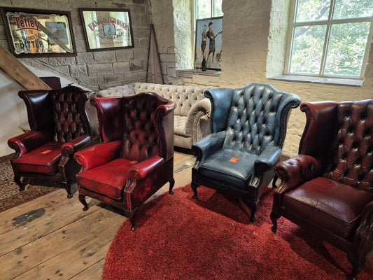 Vintage Chesterfield Wingback Armchair - Blue Leather