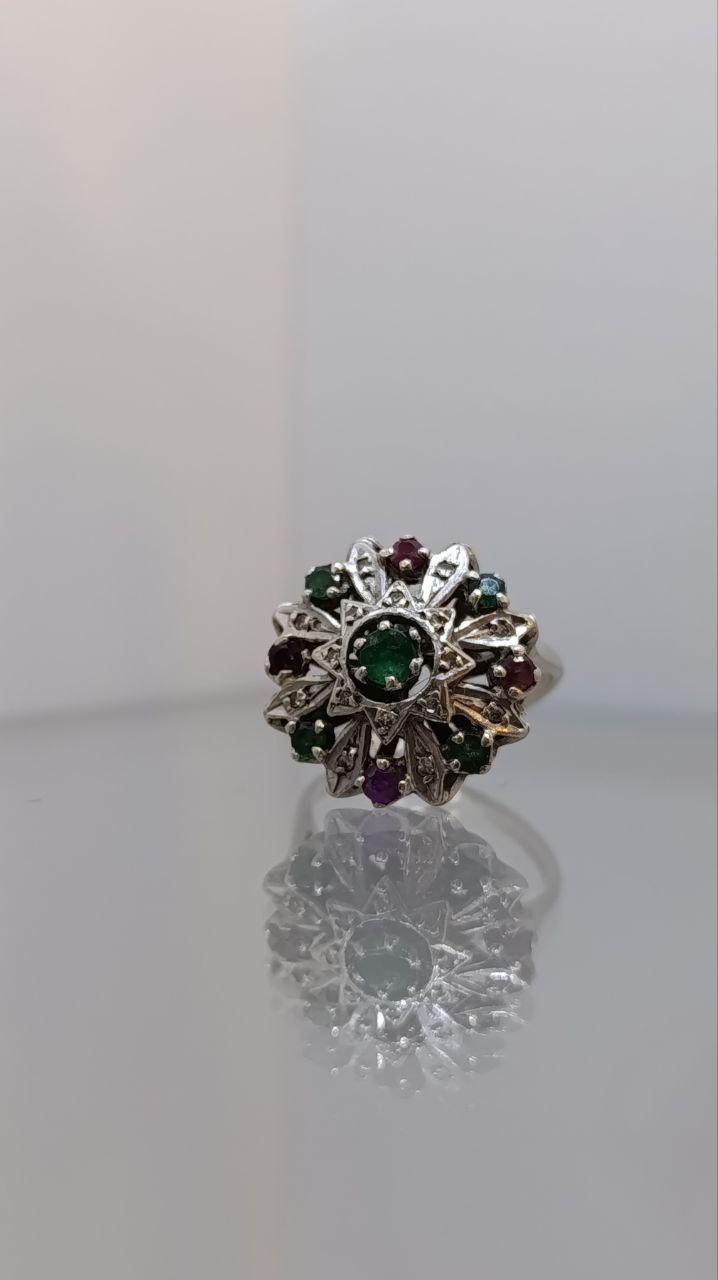 Vintage 9ct White Gold Ruby, Emerald & Diamond Cluster Ring – Size Q