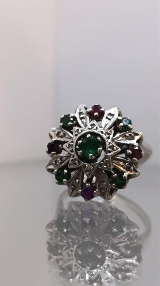 Vintage 9ct White Gold Ruby, Emerald & Diamond Cluster Ring – Size Q