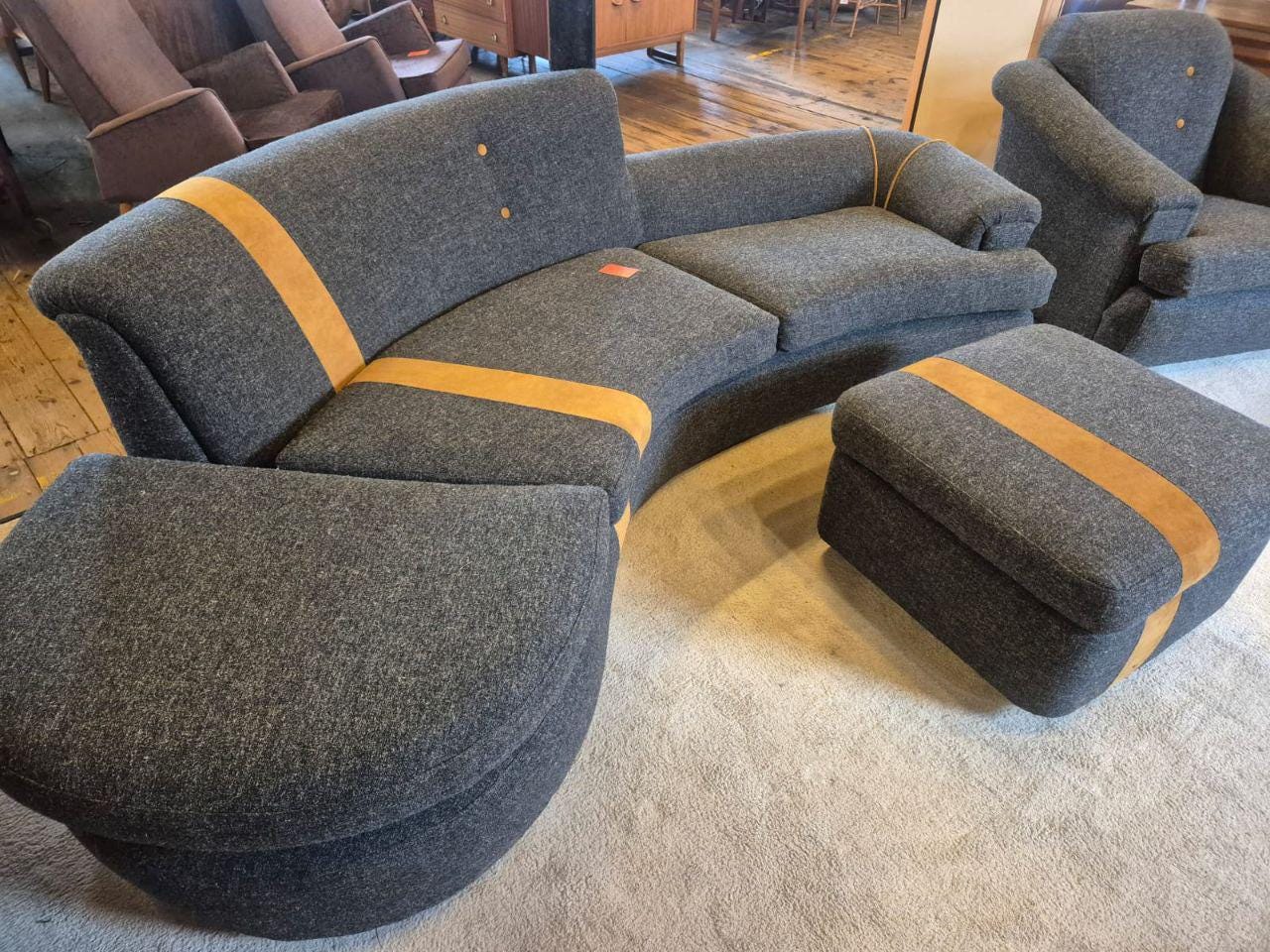 1960s/70s Curved Sofa & Armchair with New Upholstery