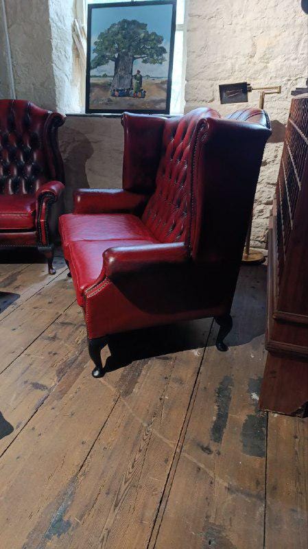 Edwardian Style Red Leather Chesterfield High-Back Sofa with Queen Anne Legs