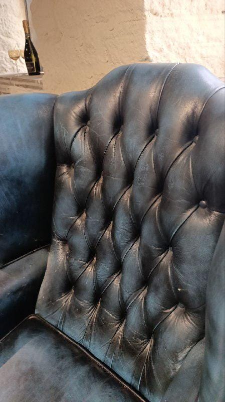 Vintage Chesterfield Wingback Armchair - Blue Leather