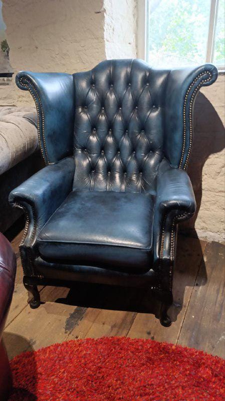 Vintage Chesterfield Wingback Armchair - Blue Leather