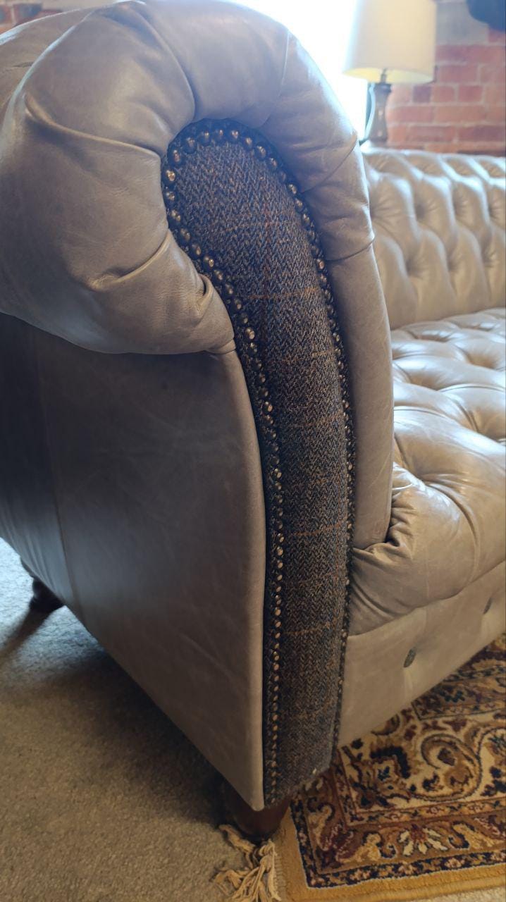 Vintage Grey Leather Chesterfield Style Sofa with Deep Button Tufting